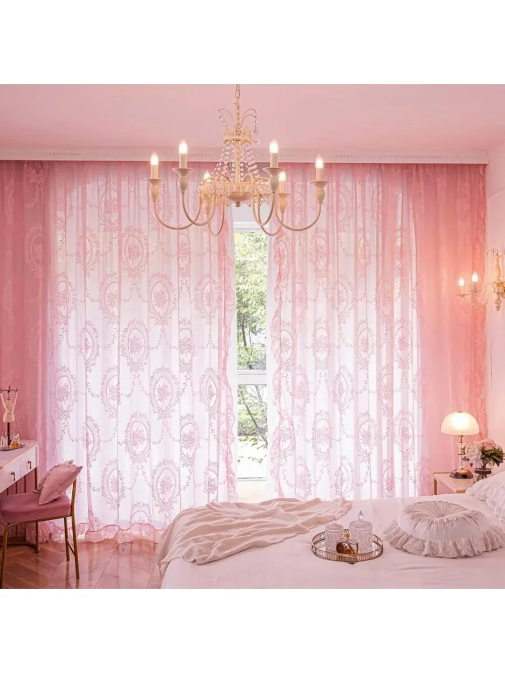 Bright Pink Lace Curtains Set - 84
